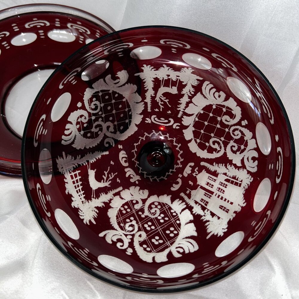 Bohemian Red Cut-to-Clear Candy Dish with Lid